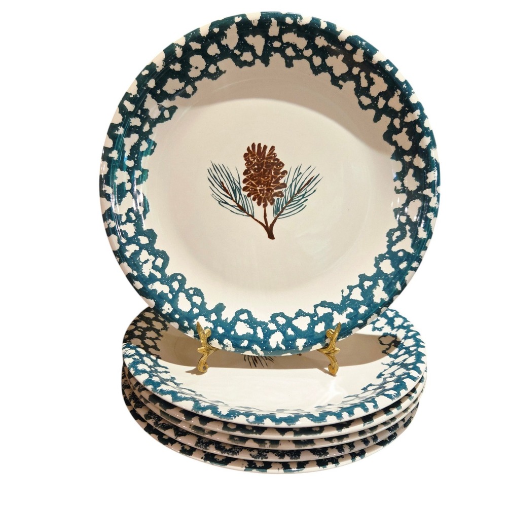 6 Tienshan Folk Craft Pine cone Dinner Plates Green Sponged Rim 10.5" Cabin